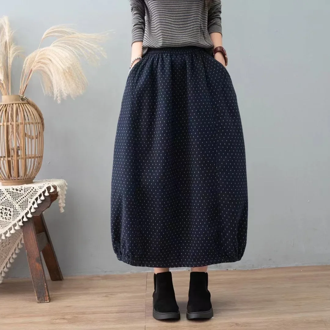 Careaymade New Autumn Winter Print Cotton Skirt Women Elastic Waist Thick Warm Long Skirts Female Loose Vintage Skirts