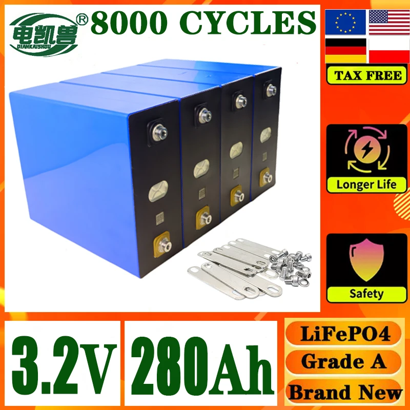 Tax Free 3.2V 280Ah 8000 cycle lithium iron phosphate rechargeable battery suitable for DIY 12V 24V 48V caravan solar system