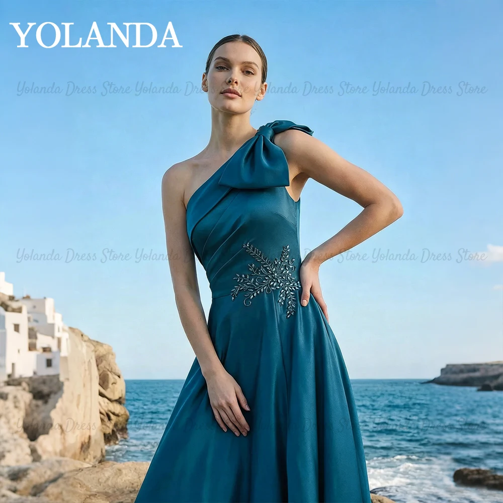Yolanda Women's Wedding Party Attire A-Line One-Shoulder Sleeveless Satin Beads Evening Gowns High Split Guest Dress Customized