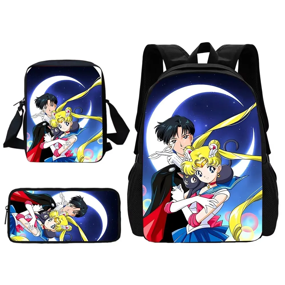 Anime Cute S-Sailor M-MoonS 3 pcs set Child School Backpack With Shoulder Bag Pencil Bags School Bags for Boys Girls Best Gift