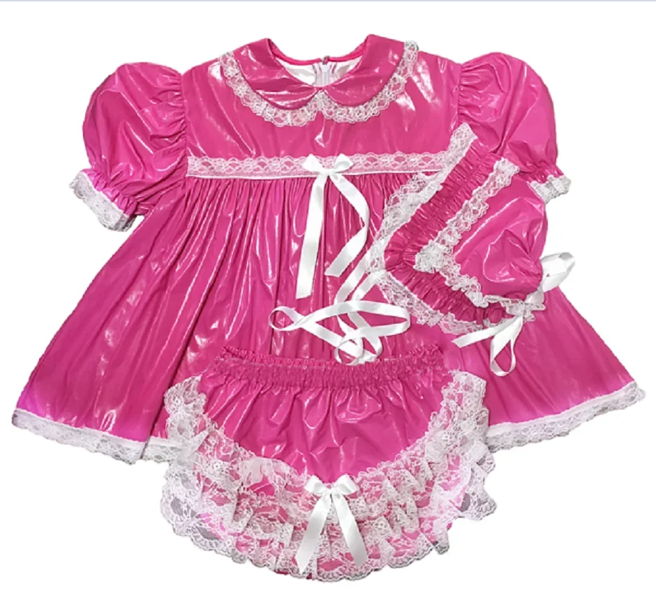 Newest Hot Sale Adult PVC Lockable Sissy Pink Doll Neck Puff Sleeves Ruffle Lace Sexy Maid Dress Customized Halloween Costume