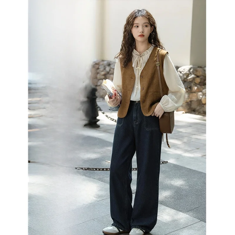 Otoño coreano sensación de gama alta mujer ligero Maturi Sle irt chaleco Jeans camiseta conjunto de piezas Faionable Casual largo Sve irt