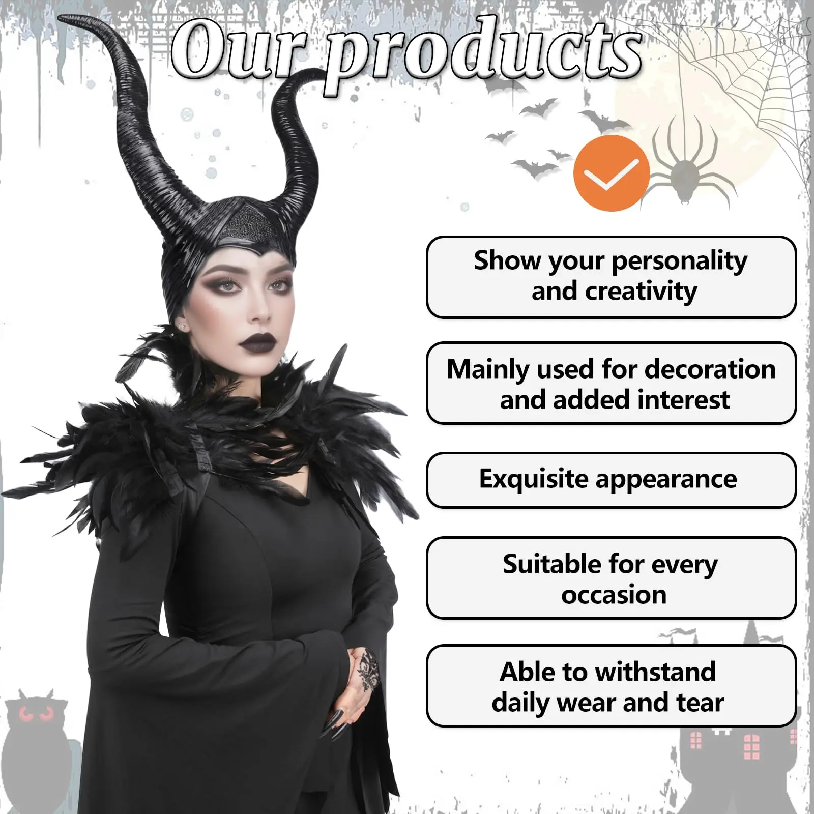 Costume de corbeau d'halloween pour femmes, 3 pièces, avec cornes, manches cape en plumes noires, accessoires de tenues pour adultes, accessoires de Cosplay