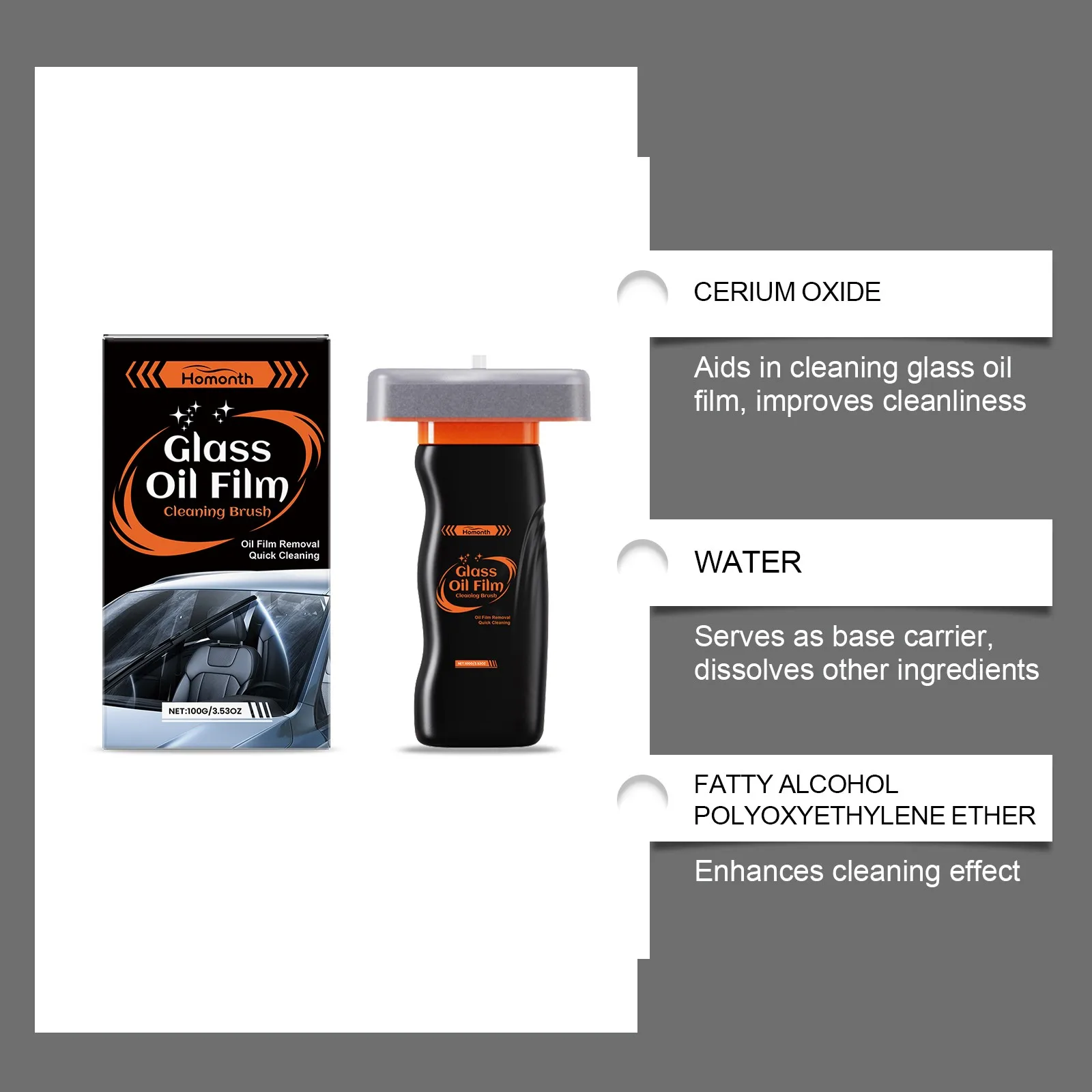 Auto-Glasreiniger, Ölfilm-Entferner, Anti-Beschlag-Spray, Regenschutzbeschichtung, Wasserflecken-Entferner für Windschutzscheiben und Fenster, schnelle Reinigung – Detail 8