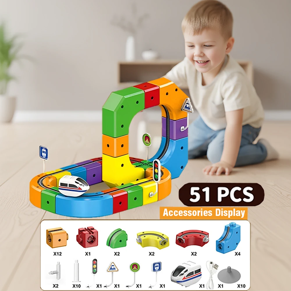 

Волшебный трек, USB перезаряжаемый электрический поезд, набор для детей, 3D-строительный куб, трек и знаки, развивающая игрушка для детей от 4 до 8 лет