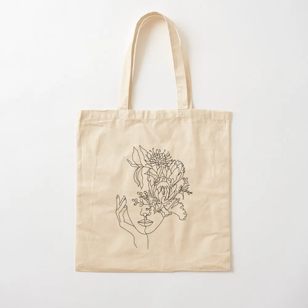 Woman with flowers by line art drawing. Portrait minimalistic style. Botanical print. Flower head. Tote Bag Shopping bags