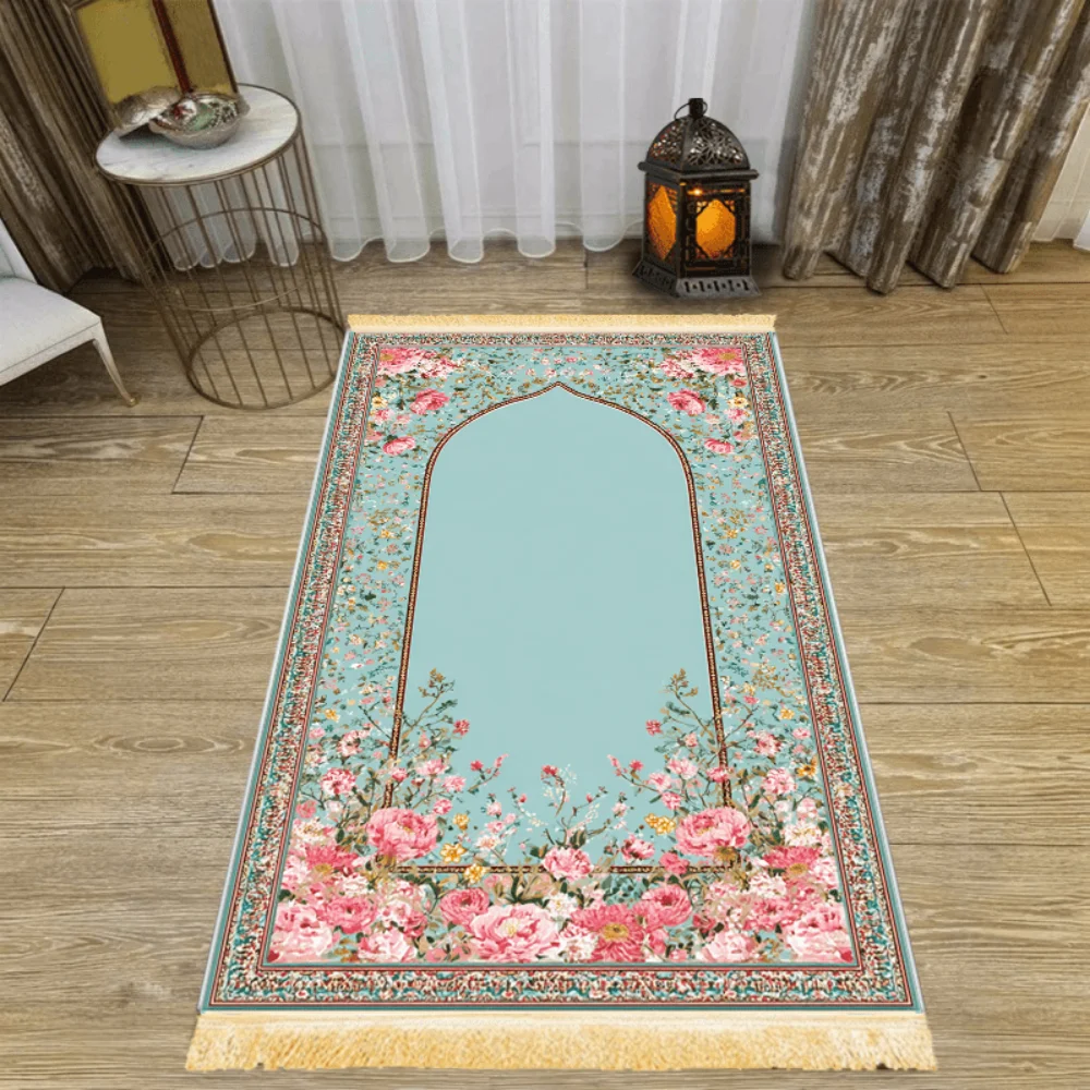 VIKAMA Islamischer Gebetsteppich mit Frischem Blauem Blumenmuster, Faltbar, Reisefreundlich, Waschbar für Salah Eid Mubarak Geschenk