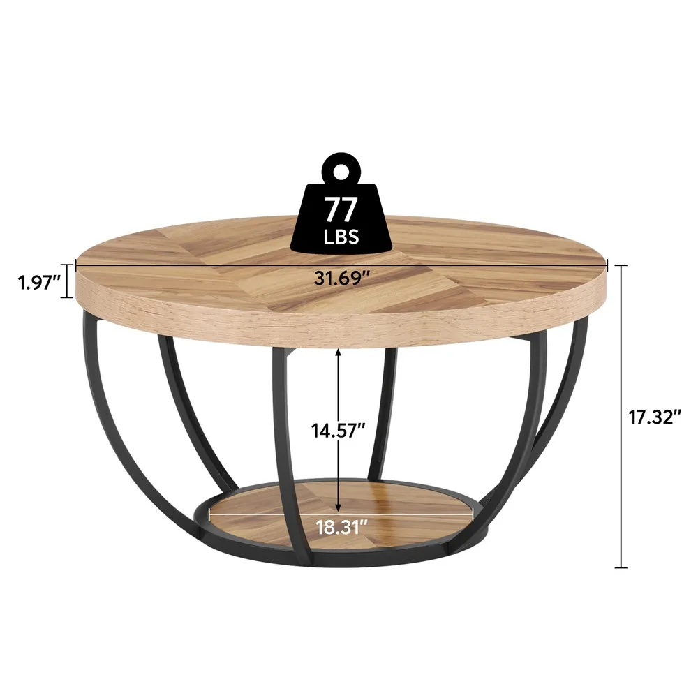 2-Tier Coffee Table with Storage for Living Room, Round Wood Sofa Center Table
