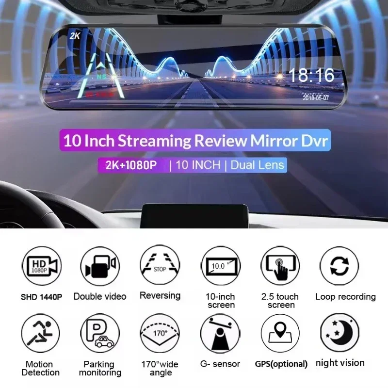 10-inch spiegelcamera voor auto touchscreen videorecorder achteruitkijkspiegel dash cam voor- en achteruitrijcamera spiegel DVR zwarte doos