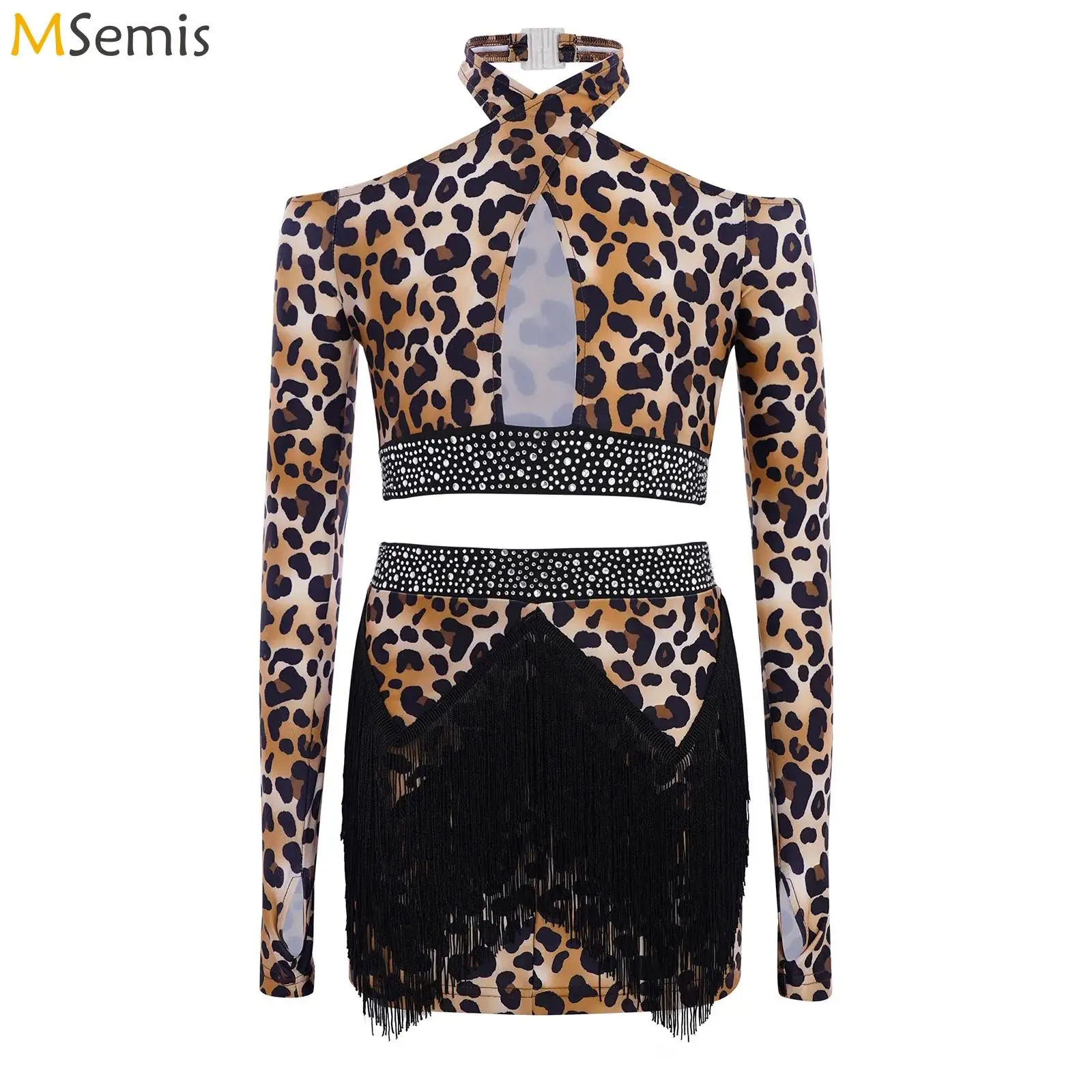 

Kids Girls Shiny Rhinestone Leopard Print Latin Dance Outfit Performance Costume Halter Long Sleeves Crop Top with Tassels Skirt