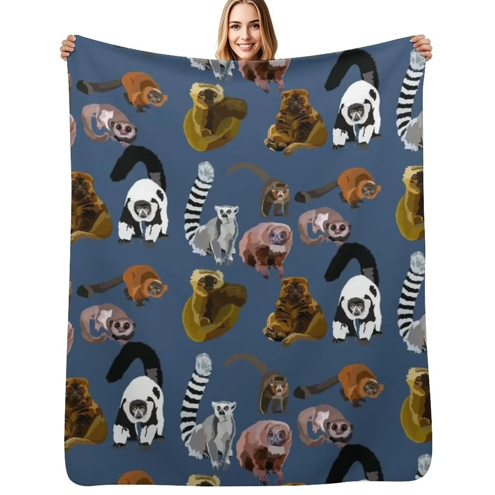 

Mixed Lemur Species Ring Tail, Black and White Ruff, Red Ruff Lemur Throw Blanket Sleeping Bag Quilt Camping Blanket