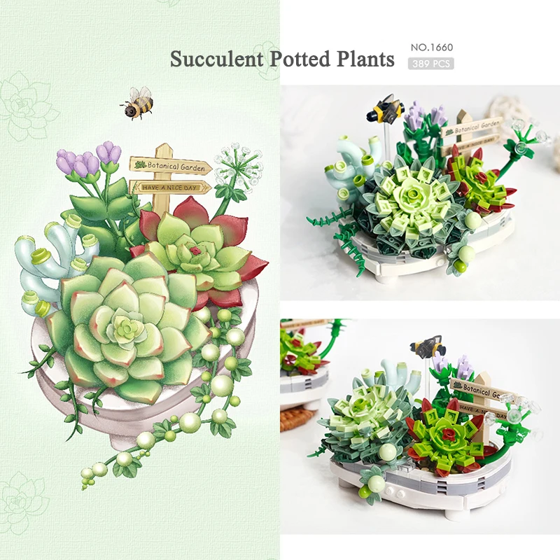 Mini Bouquet Building Blocks fiori succulenti Cherry Blossom Bonsai modello 3D decorazione della casa assemblaggio per bambini giocattolo ragazza regalo