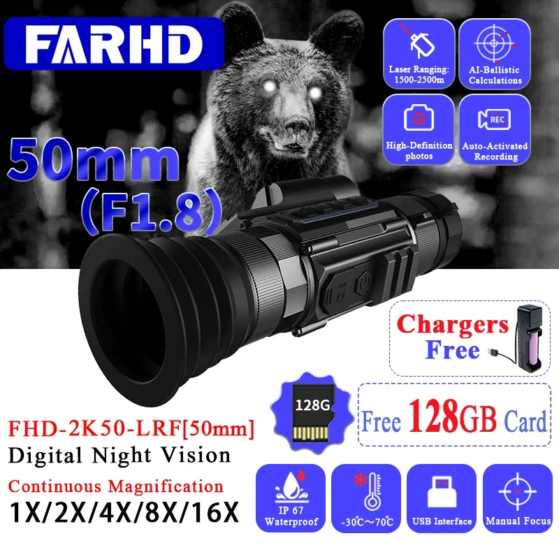 

FARHD-2K-50-LRF Night Vision Scope 16X Magnification High Definition Digital Night Vision Monocular