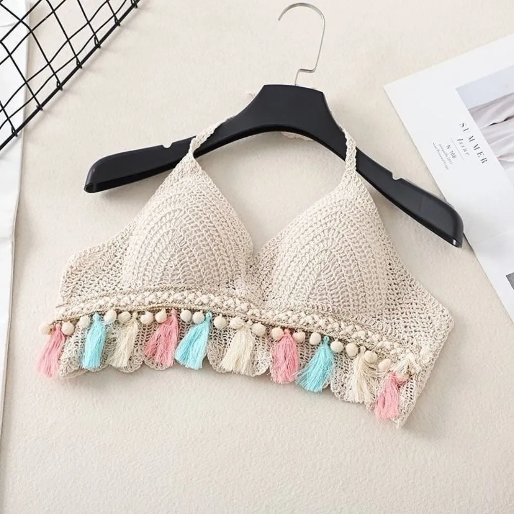 

Эластичный женский вязаный кроп-топ без рукавов с V-образным вырезом, облегающий, в богемном стиле, с бахромой, короткий вязаный жилет для женщин