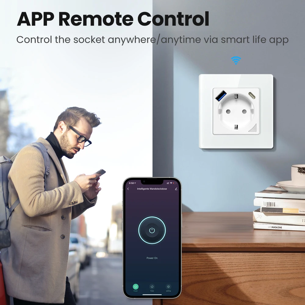 AVATTO EU standaard WiFi-aansluiting, Tuya Smart Power Plug Outlet met USB/Type-C opladen, APP-afstandsbediening, werken voor Alexa Google Home