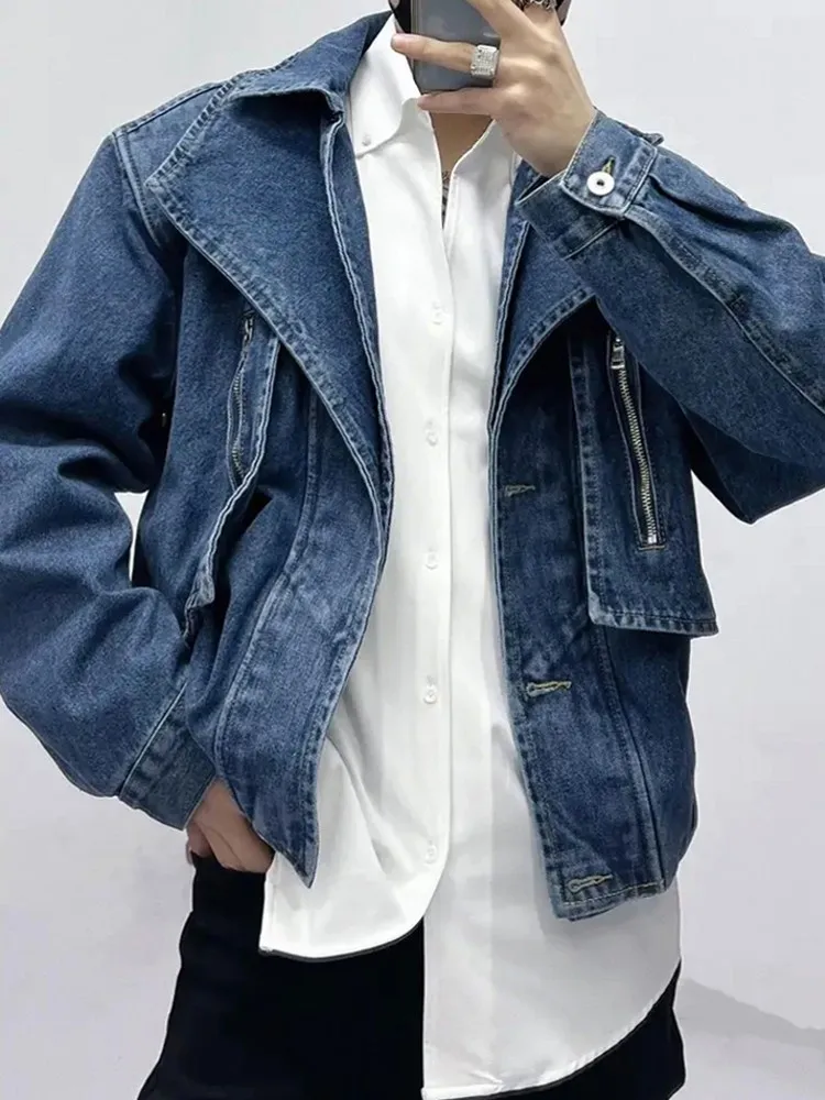 Designer Men Short Fake Two Piece Denim Jacket Hip Hop Spring Autumn Outwear Coat Casual Streetwear Fashion Male Cowboy Jackets