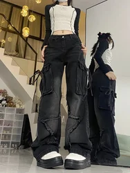 HOUZHOU Vintage Y2k Women Black Baggy Cargo Jeans with Star Gothic Harajuku 90s Aesthetic Denim Trousers Kpop 2000s Jean Pants