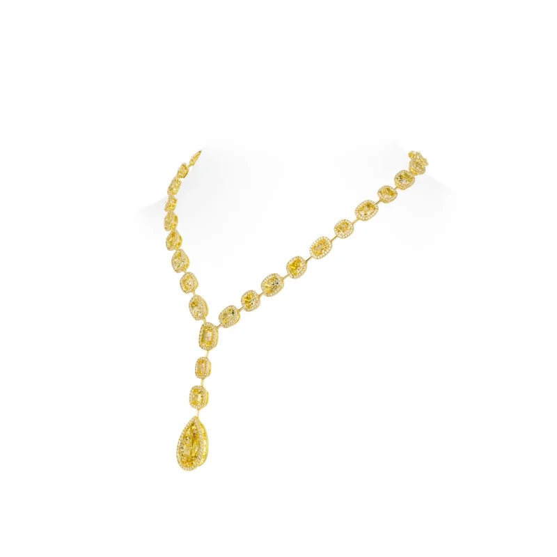 BELLUX Pendant Chain 925 Silver Synthetic Zircon Yellow Water Drop Gemstone Full Diamond Luxury Party Jewelry Necklace