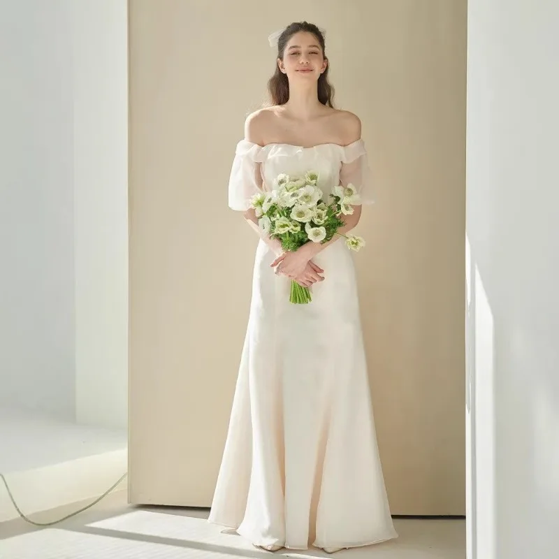 Elegant A-Line Off the Shoulder Lace-up Organza Wedding Dresses Women Simple Puff Sleeves Bride Dresses 웨딩드레스 Ivory Custoized