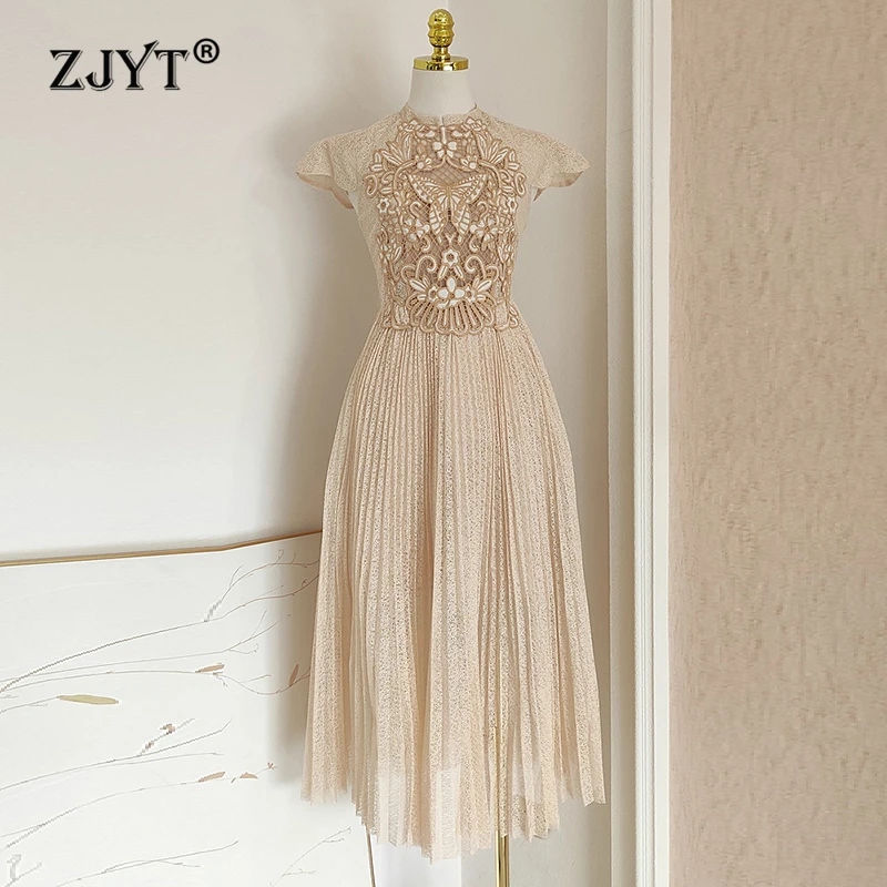 ZJYT Summer Hollow Out Embroidery Lace Dress Women 2024 Designer Short Sleeve Elegant Pleated Midi Party Dresses Female Vestidos