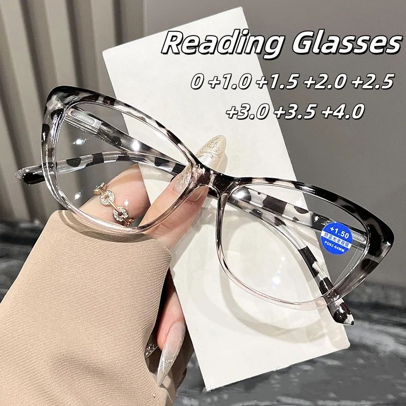 Neue Cat Eye Lesebrille mit großem Rahmen und Leopardenmuster, hochauflösende Lesebrille mit Anti-Blaulicht-Federbein, 0 bis + 4,0