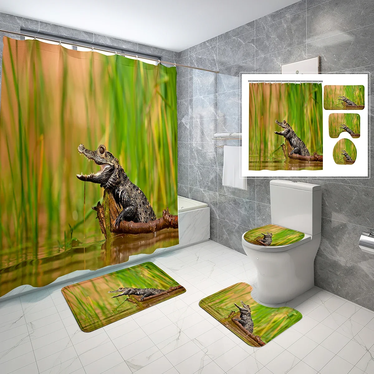 4 Sets Crocodile Shower Curtain Sets with Non-Slip Bath Mat,Toilet Lid Cover and Wild Animal Pond Swimming Shower Curtain Set