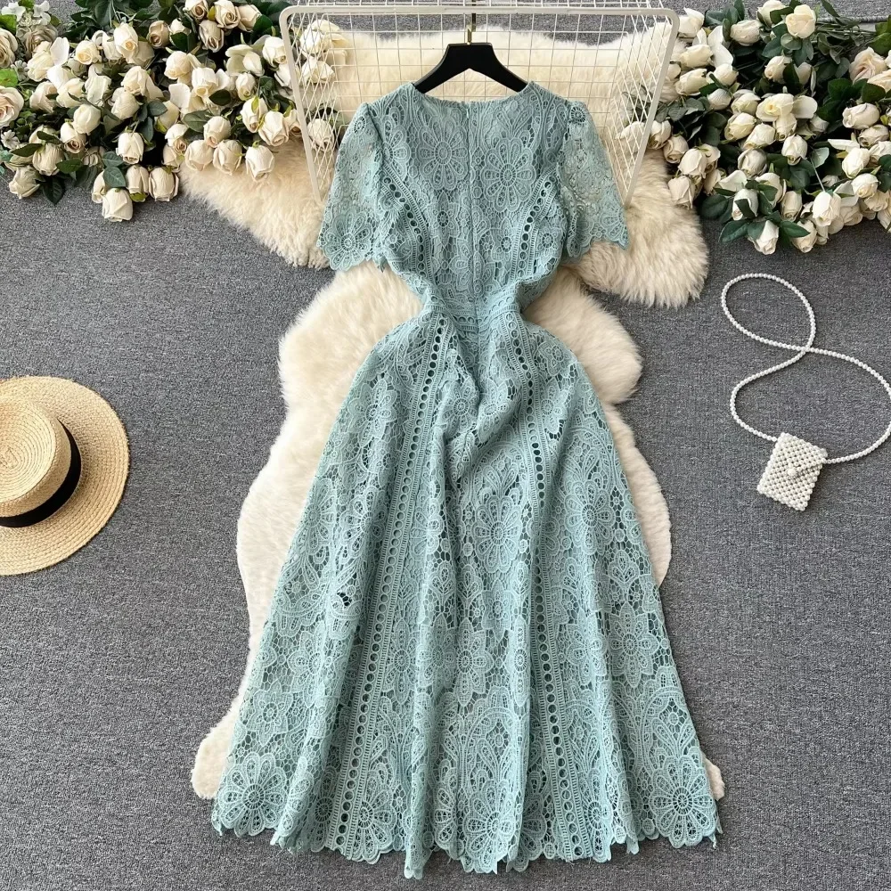 Vintage Solid Lace O-neck Hollow Out Lotus Leaf Sleeves Short Sleeves Long Dresses Casual Women A-Line Fashion Summer Clothing