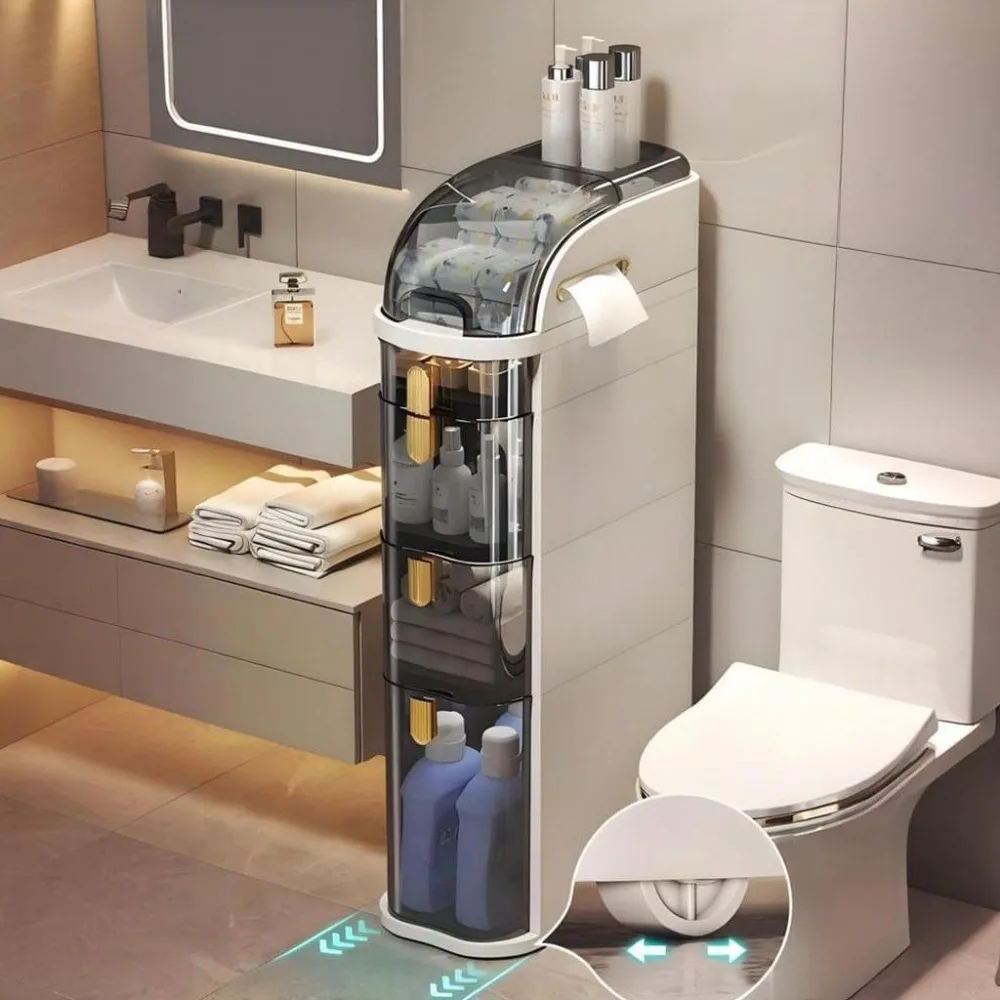 

Slim Bathroom Storage Cabinet，Waterproof Plastic Bathroom Storage Cabinet，Narrow Movable Floor Bathroom Storage Cabinet，Multilay