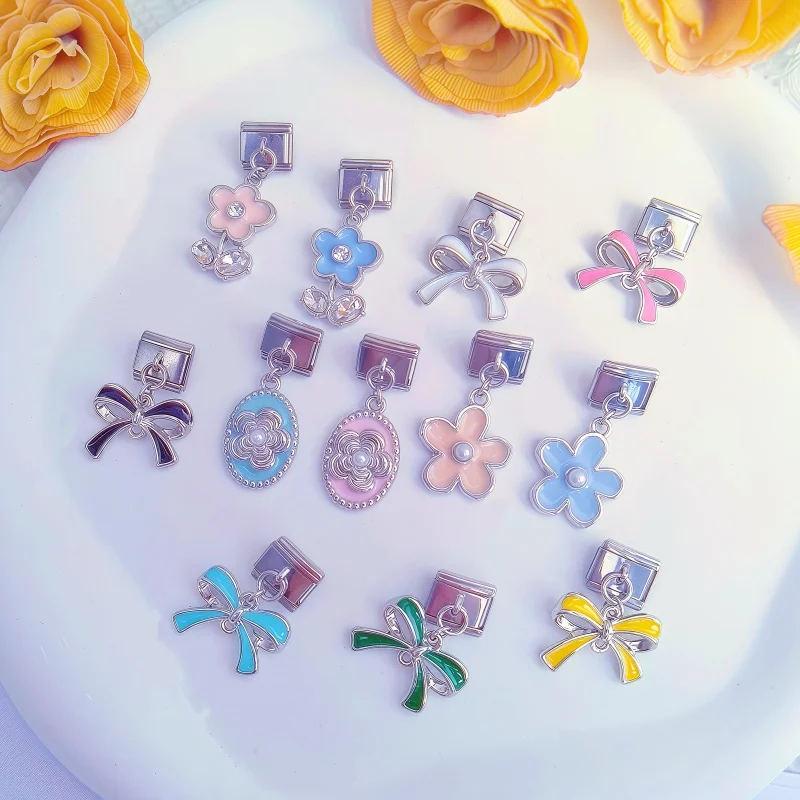

Exquisite Flower Bow Italian Charm Fit 9mm Nomination Link Bracelet Chain Stainless Steel Pendant Module DIY Woman Jewelry