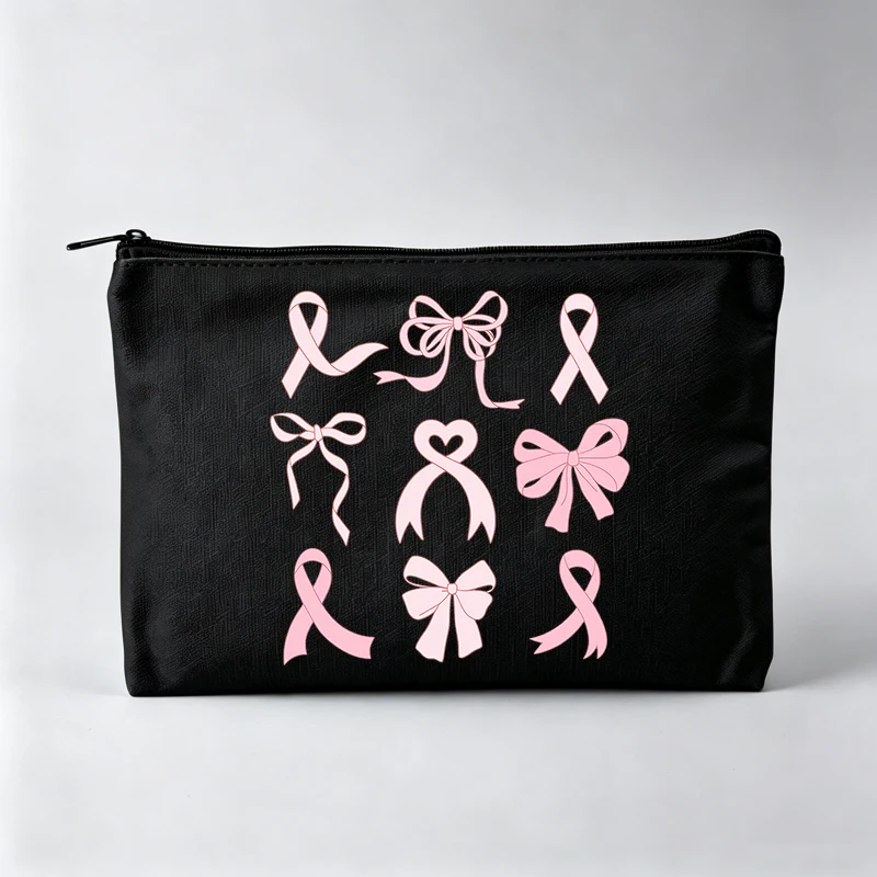 Pink Ribbon and Bow Print Makeup Bag, Fashion Cosmetic Pouch for Daily Use