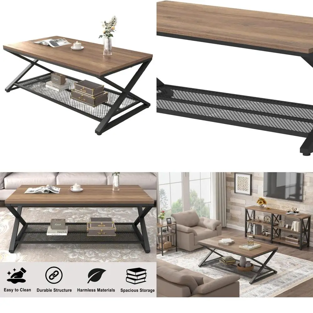 Rustic Oak 47 Farmhouse 2-Tier Metal & Wood Coffee Table with Storage for Living Room and Office