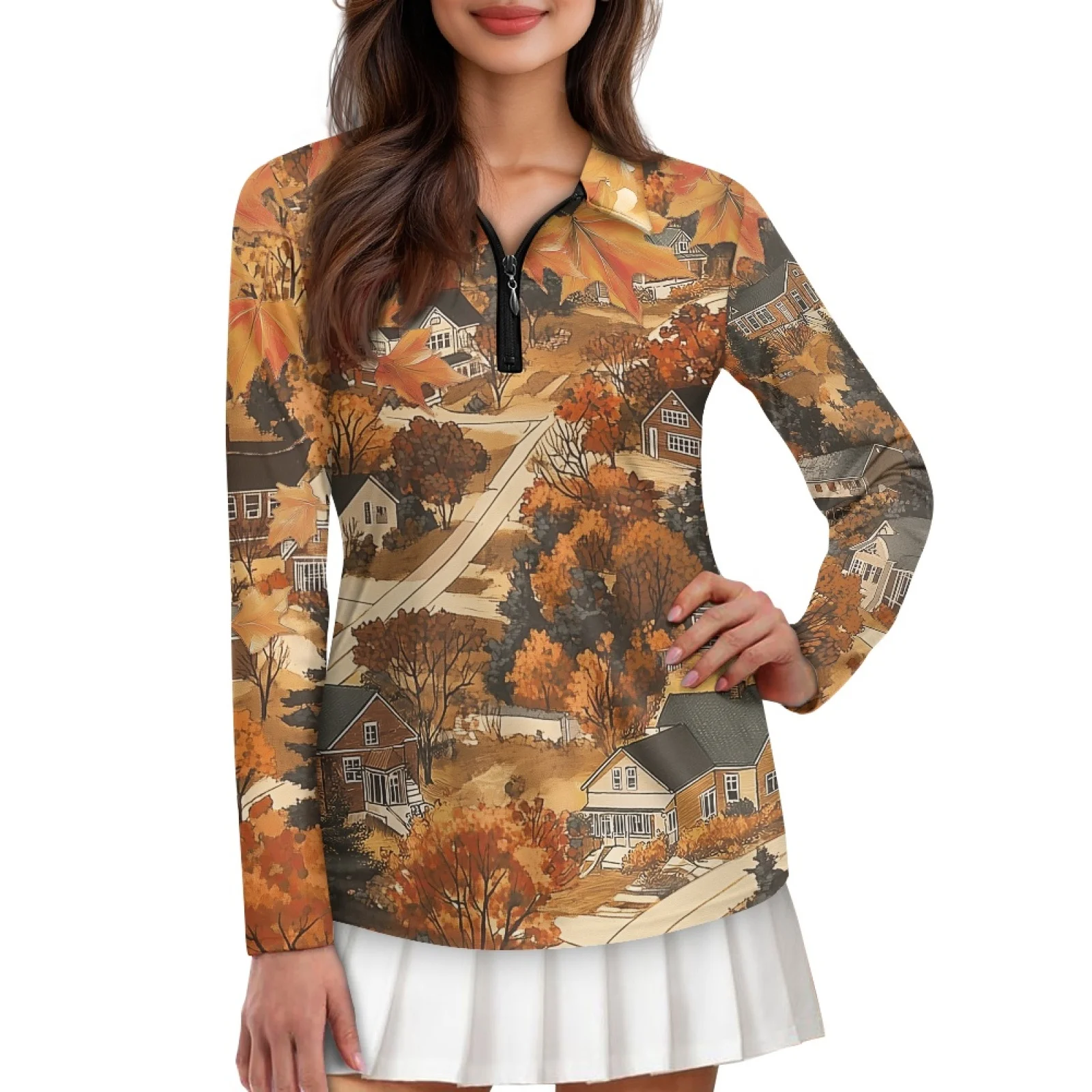 PENSTROLL Fall Village Scene Womens Quick Dry Running Polos Shirts Running Yoga Pilates Top Athletic Shirt for Cycling