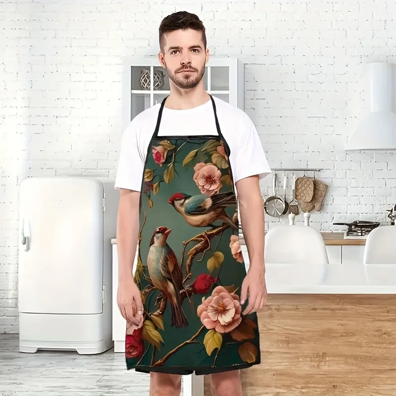 1pc Floral and Bird Print Apron Polyester Kitchen Apron for Cooking and Household Chores Baking Accessories Home Personalized