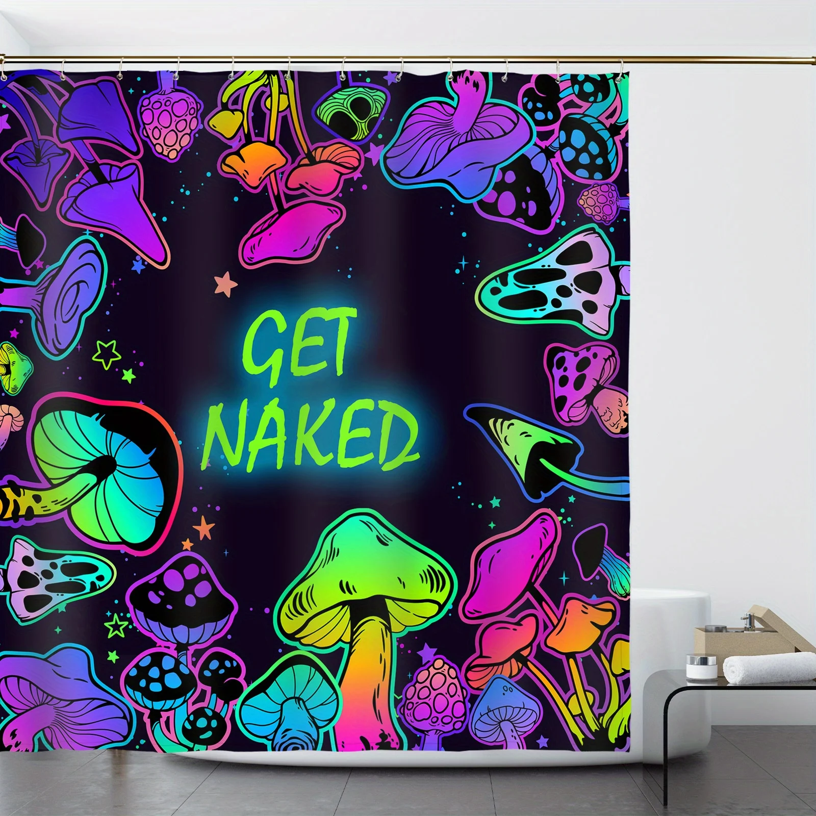 다채로운 네온 버섯 샤워 커튼, 재미있는 'Get Naked' 아트, 방수 폴리에스터, 트렌디한 파티 욕실 장식