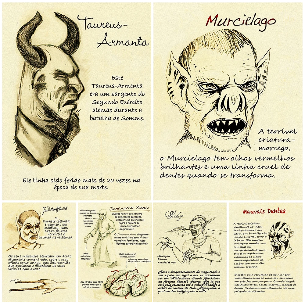 Fairy Tale Spirits,Ghosts,Monsters,Demons Knowledge Atlas Wall Art Canvas Print Dark Mysterious Monster Notes Art Poster Print