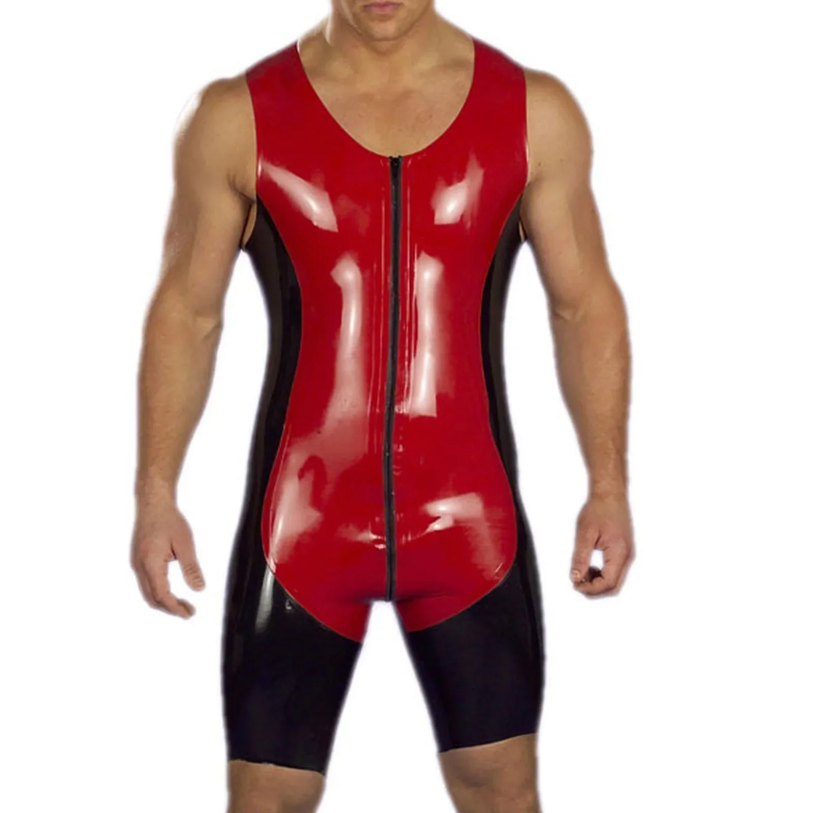 Men 100% Latex Fitness Gummi Catsuit Sports Zipper One Piece Swimsuit Bodysuit Colorblock