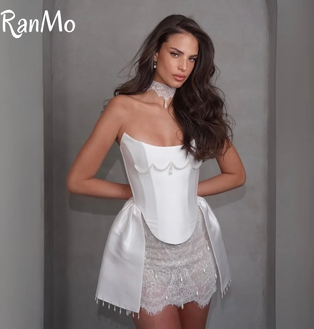 Ranmo 2025 Mini Graduation Gown For wedding Guest Woman White Lace Dresses Luxury Bandage Dress Exquisite High Quality Pearl