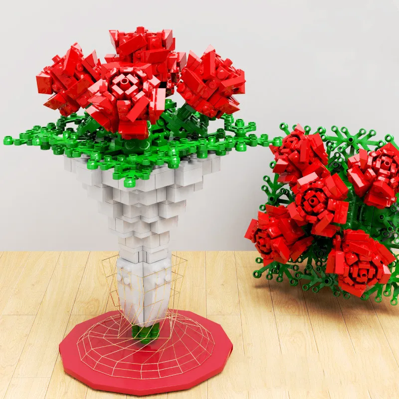 

474PCS MOC Ideas Series Bouquet Rose Flowers Building Blocks Brocks Gift for Girls Home Furnishings Bricks Assembling DIY Toy