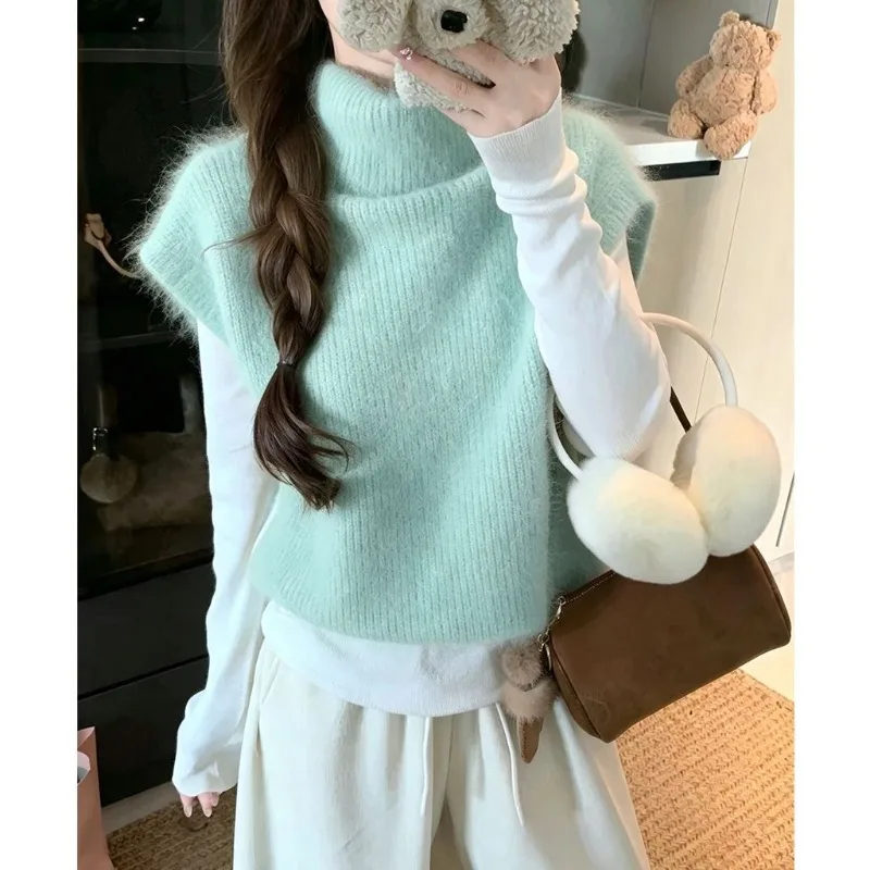 Turtleneck Knitted Vest Women Solid Simple Pink blue Fluffy Faux mink Fur Sleeveless Tops Korean Soft Plush Knitted Sweaters