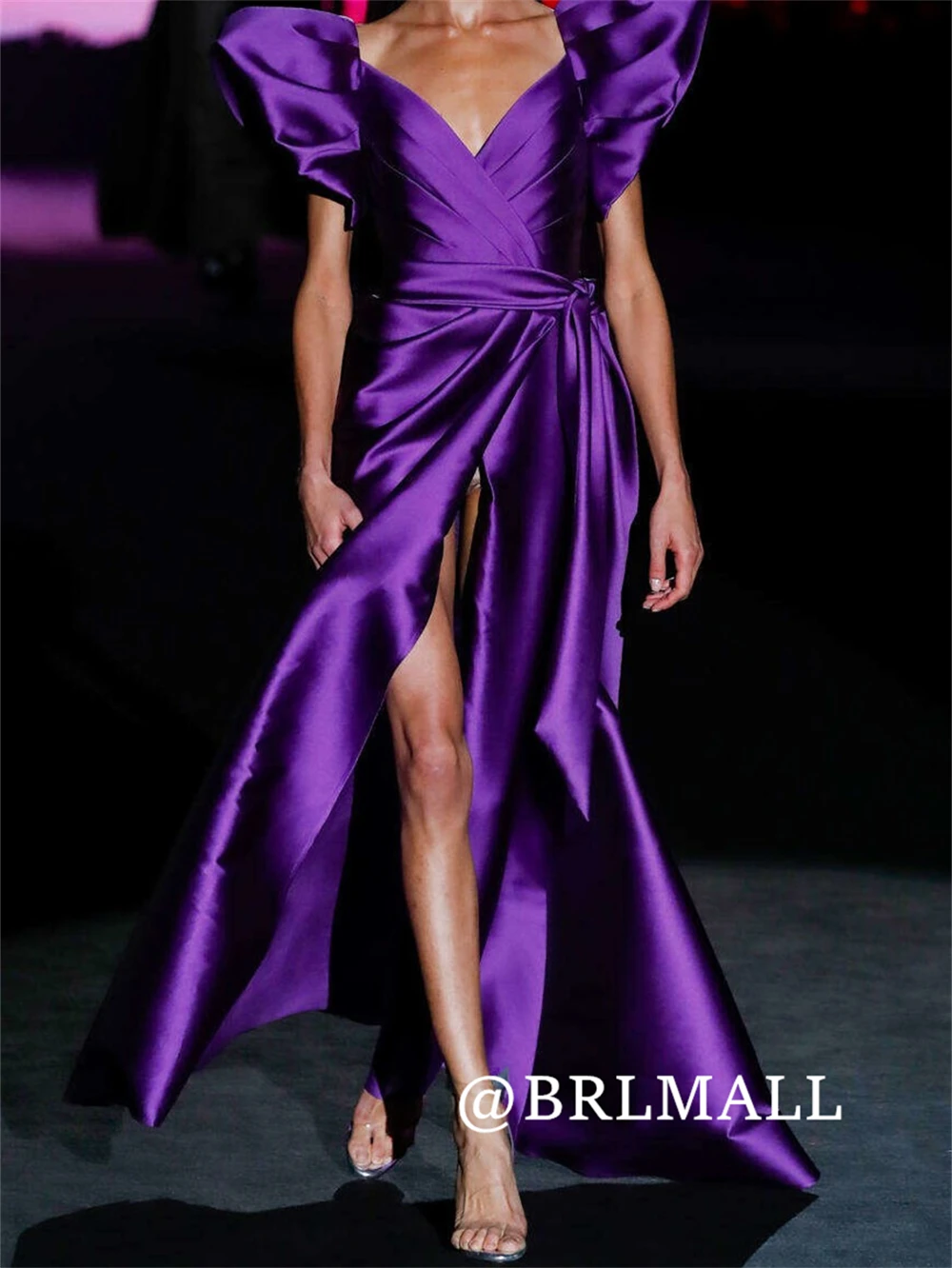 

BRLMALL Purple Satin Long Evening Dress with Flare Sleeves, Women's Solid Prom Dresses V-Neck Side Split Party Prom Gowns
