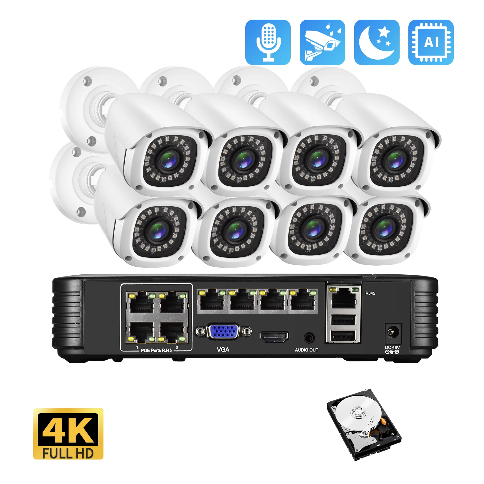 Gadinan CCTV Security Camera System Home Video Surveillanc 4CH 8CH NVR 4K 8MP Kit AI Audio Outdoor IP Set Camera Poe XMeye app