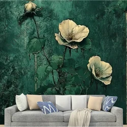 Custom Vintage green background floral mural oil painting French retro hand-painted texture light luxury living room wallpaper