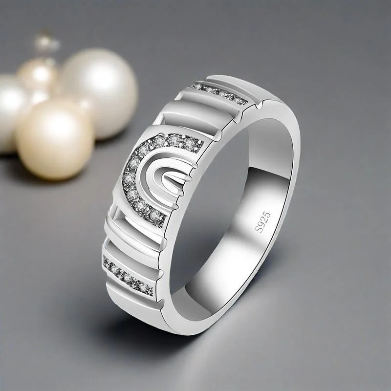 Novel 925 Sterling Silver Geometric Curved Design Cubic Zircon Rings for Women Girls Anniversary Party Fashion Jewelry Gifts