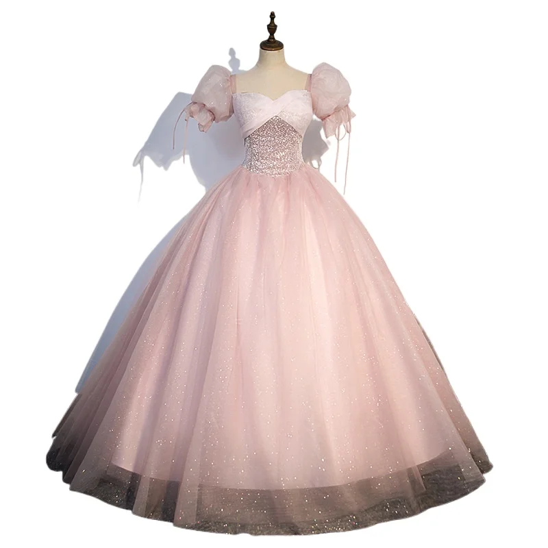 Vestido de noite de noivado rosa, vestido de brinde de noiva, novo solo de desempenho 2025, vestido de princesa de seda colorido, vestido de anfitrião