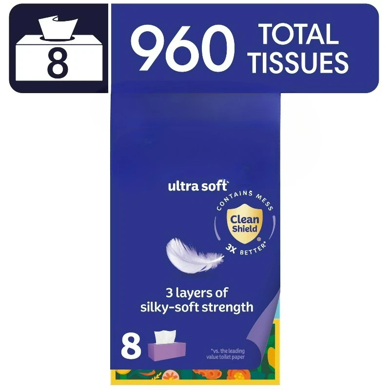

Ultra Soft Facial Tissues, 8 Flat Boxes, 120 Tissues per Box, 3-Ply