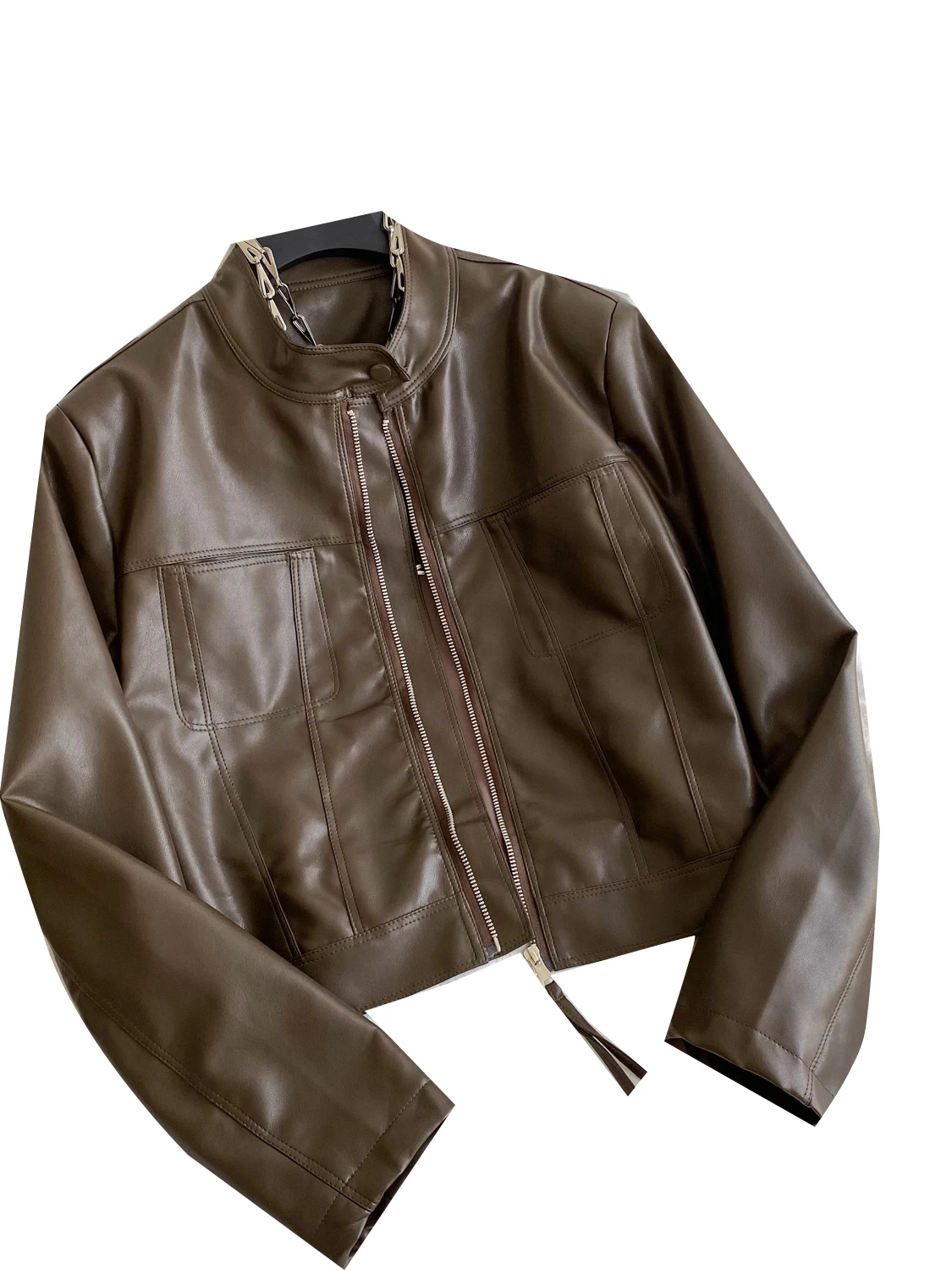 Faionable polyvalent en cuir PU Jaet femmes ort ample décontracté col montant ceinturé automne vêtements d'extérieur haut pour femme