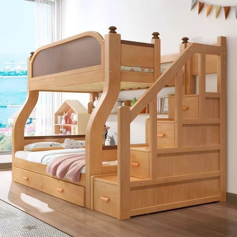 

Solid wood bed bunk Small apartment shelf bunk Double mother and child Two-layer wooden High