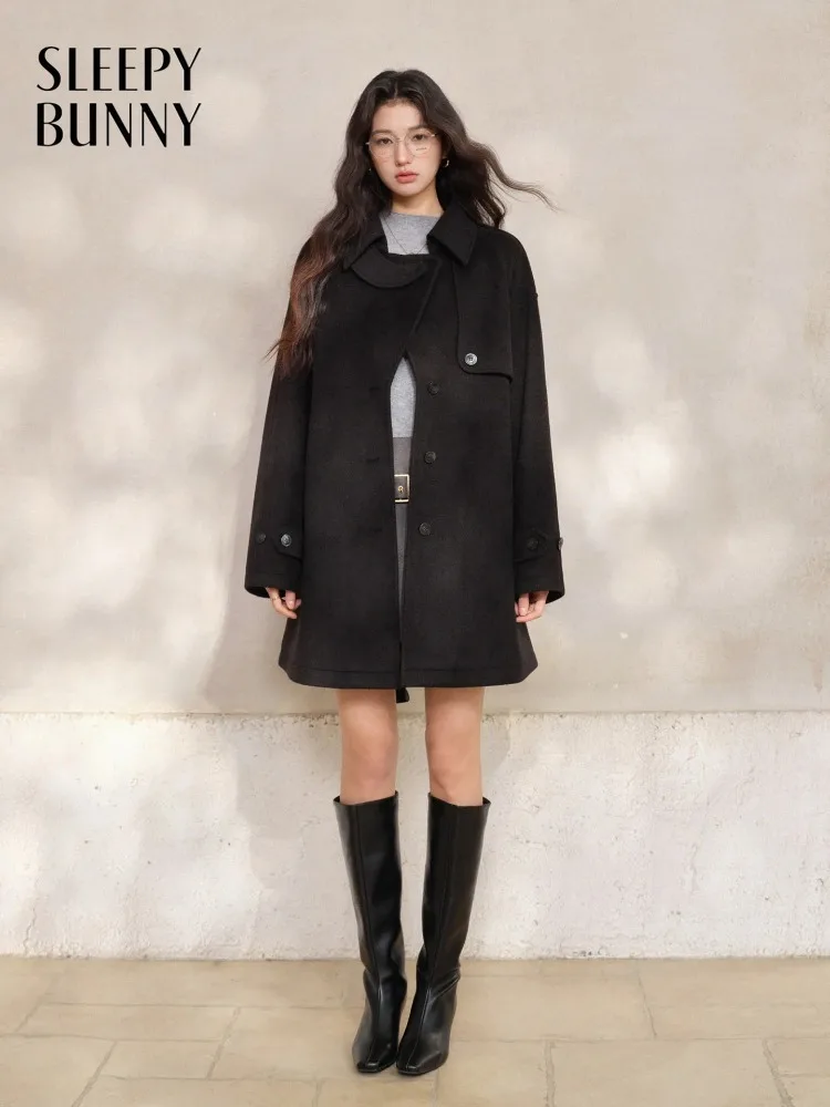 Vintage Lapel Cape Coat for Women Lady Winter Mid-Length Belted Outerwear Loose Fit Elegant Warm Commuter Daily Wear Style Look