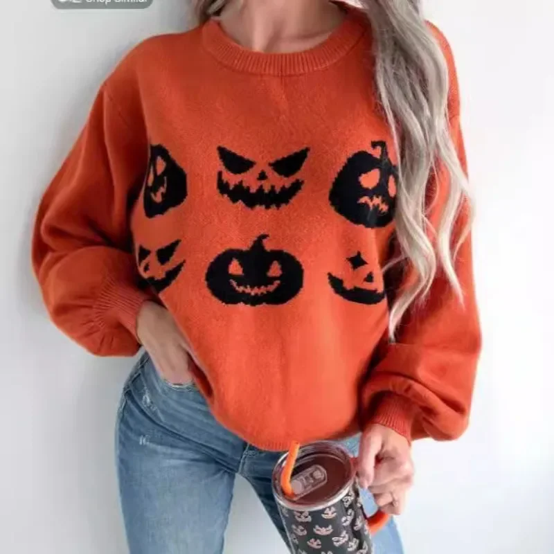 2024 European and American Women Orange Halloween Pumpkin Face Pattern Shoulder Knitted Loose Long Sleeve Sweater