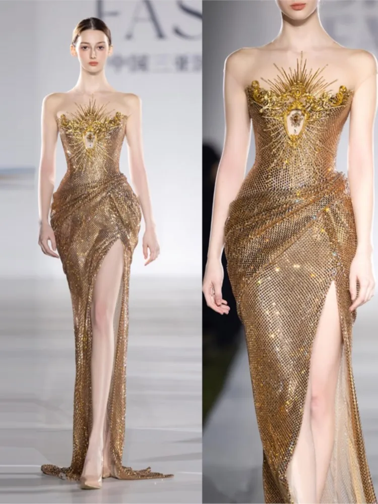 Golden banquet style sequined fishtail host light luxury toasting dress